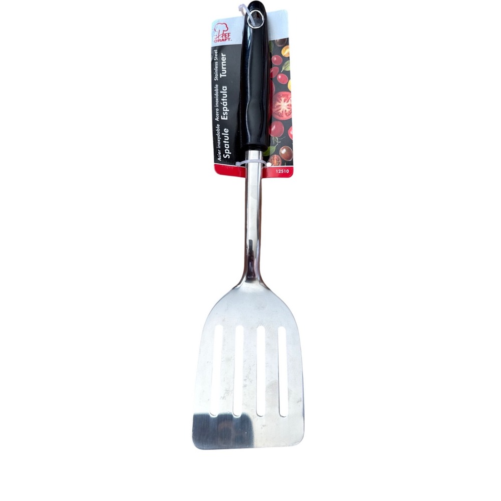 Chef Craft Stainless Steel Slotted Turner Spatula Black Handle 12510 NEW